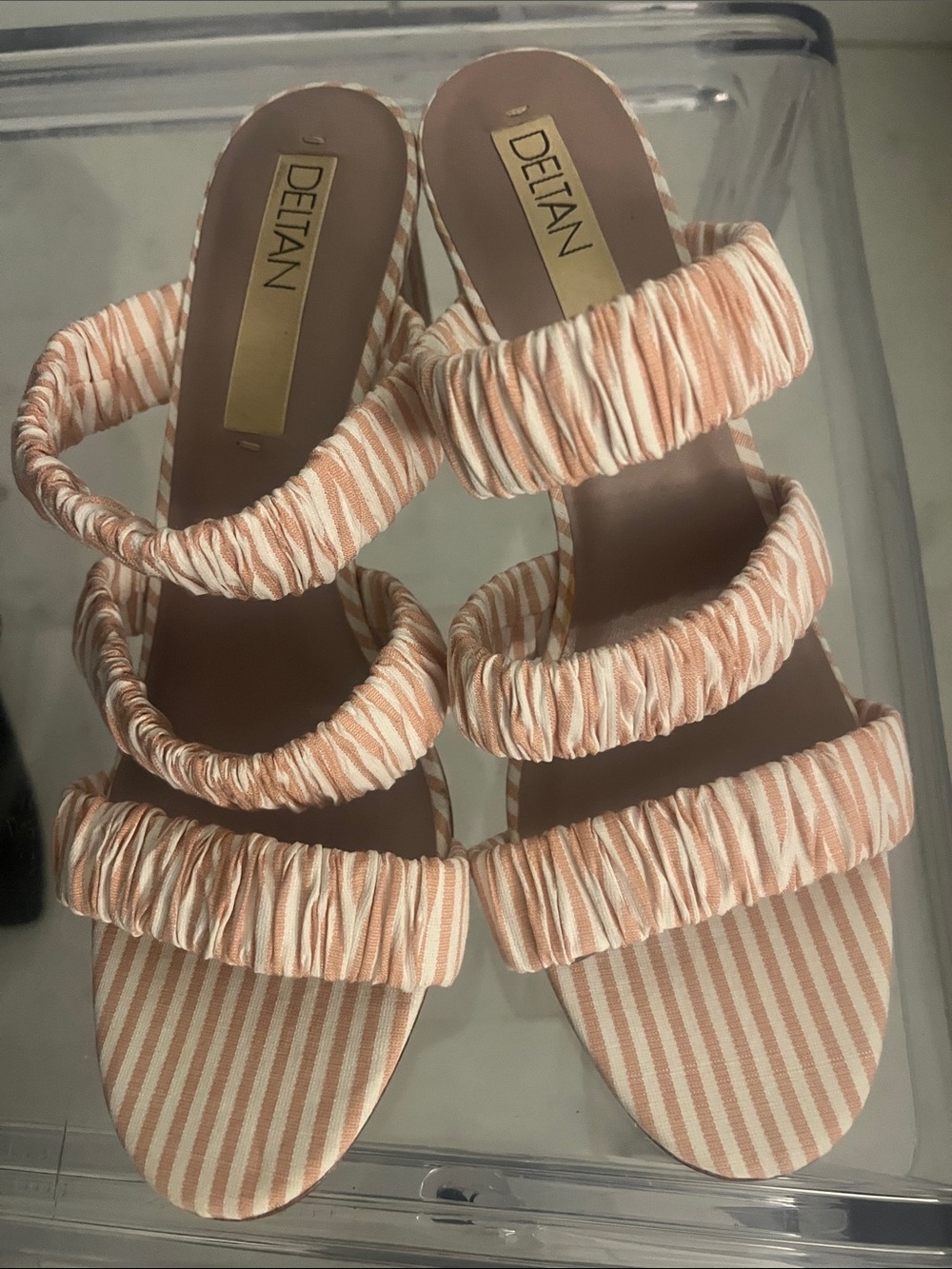 Delta BRAND NEW DILLARDS Striped PINK & Cream Ruched Triple-Strap Heels